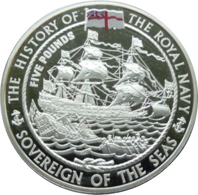 Jersey 5 Pounds - Elizabeth II Sovereign of the Seas; Silver Proof reverse
