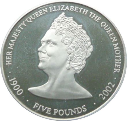 Guernsey 5 Pounds - Elizabeth II The Queen Mother reverse