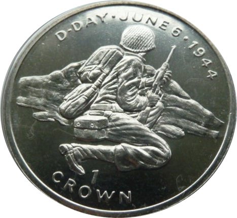 Isle of Man 1 Crown - Elizabeth II D-Day - Soldier behind rock reverse