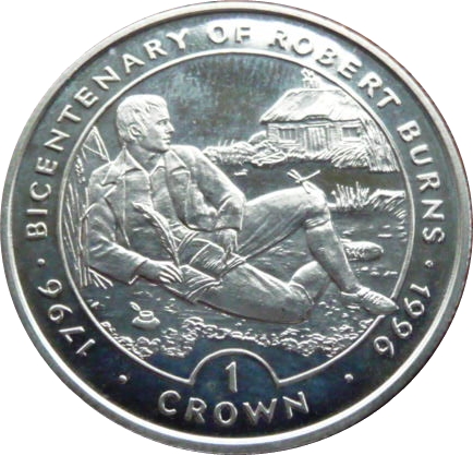 Isle of Man 1 Crown - Elizabeth II Robert Burns - Writing reverse