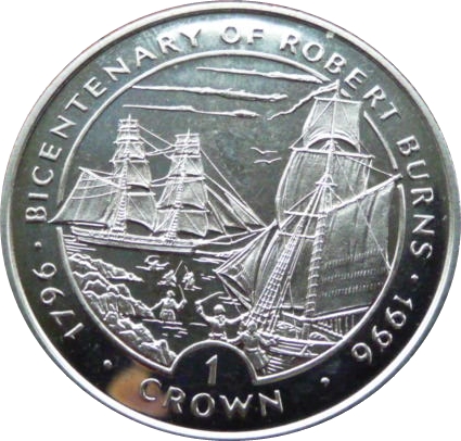 Isle of Man 1 Crown - Elizabeth II Robert Burns - Pirate Ship reverse