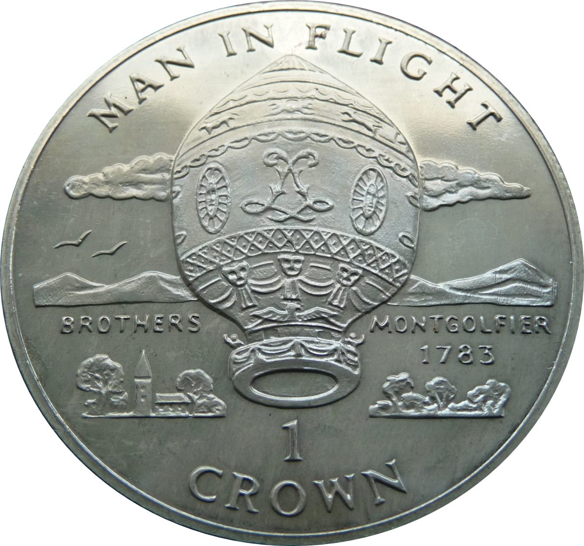 Isle of Man 1 Crown - Elizabeth II Montgolfier Brother's Balloon reverse