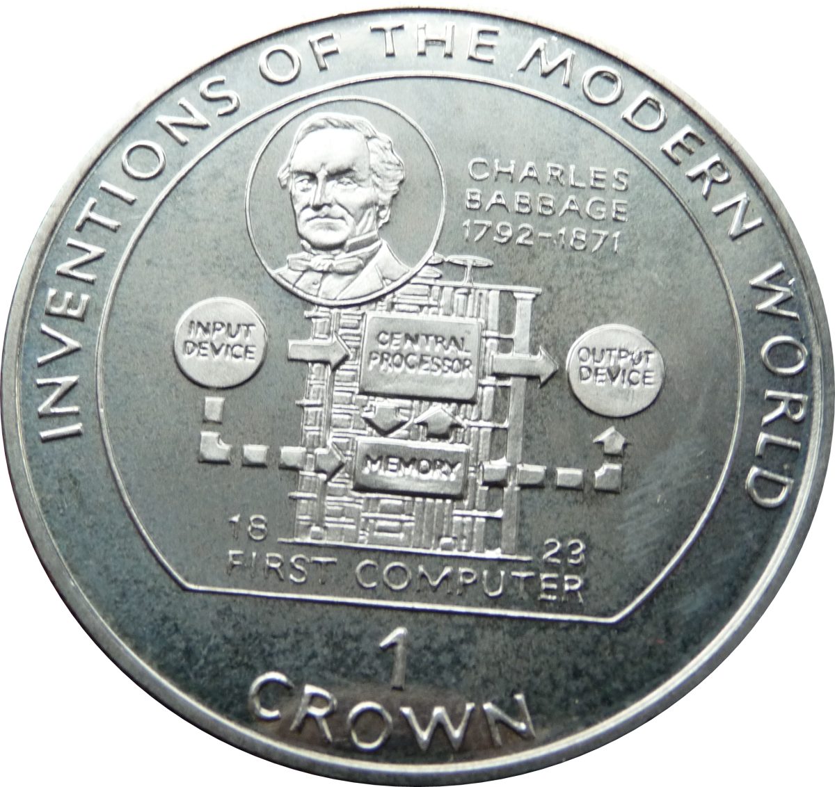 Isle of Man 1 Crown - Elizabeth II Charles Babbage - Central Processor reverse