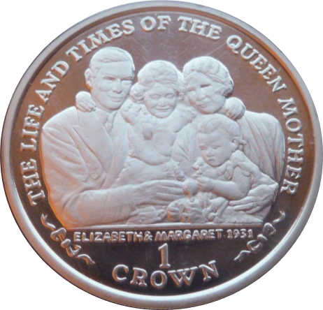 Isle of Man 1 Crown - Elizabeth II Queen Mother - Royal Family Portrait; Silver Proof reverse