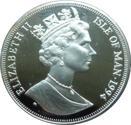 Isle of Man 1 Crown - Elizabeth II D-Day - American troops landing; Silver Proof obverse