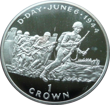 Isle of Man 1 Crown - Elizabeth II D-Day - American troops landing; Silver Proof
