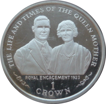 Isle of Man 1 Crown - Elizabeth II Queen Mother - Royal Engagement; Silver Proof reverse
