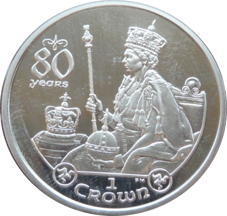 Isle of Man 1 Crown - Elizabeth II Queen Elizabeth II 80th Birthday-Coronation 1953; Silver Proof reverse