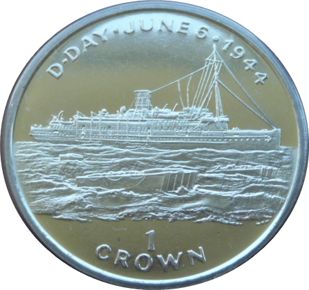 Isle of Man 1 Crown - Elizabeth II D-Day - Troop Ship reverse