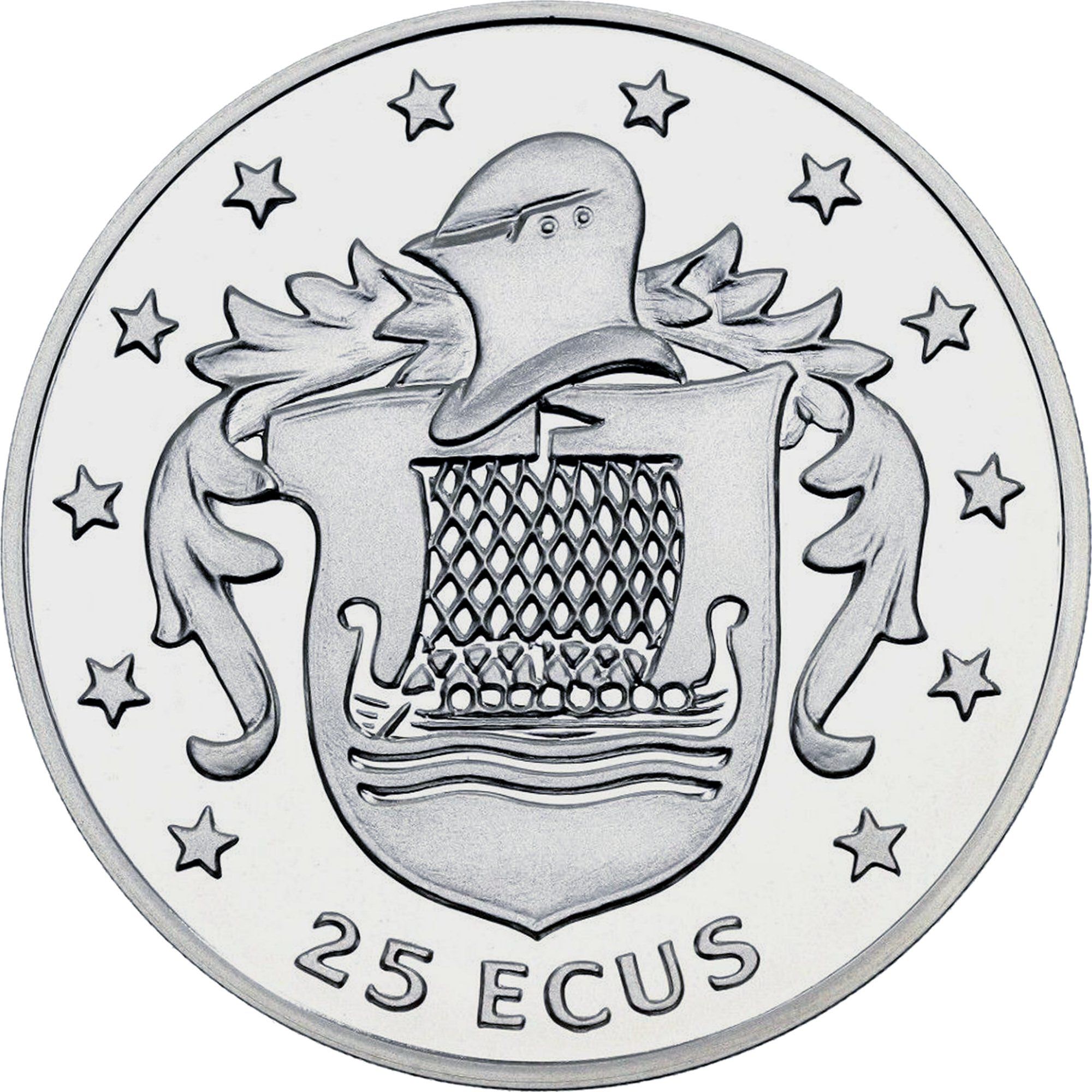 Isle of Man 25 ECUs - Elizabeth II Viking longship on shield reverse