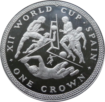 Isle of Man 1 Crown - Elizabeth II World Cup in Spain - 5 players; Silver reverse