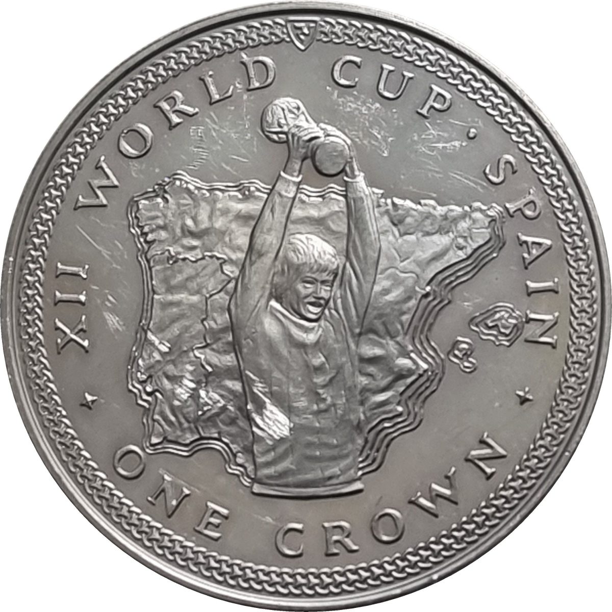 Isle of Man 1 Crown - Elizabeth II World Cup in Spain - Trophy; Silver reverse