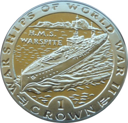 Gibraltar 1 Crown - Elizabeth II H.M.S. Warspite; Silver Proof reverse