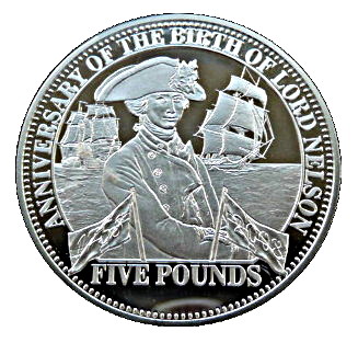 Tristan da Cunha 5 Pounds - Elizabeth II Anniversary of Lord Nelson's Birth; Silver