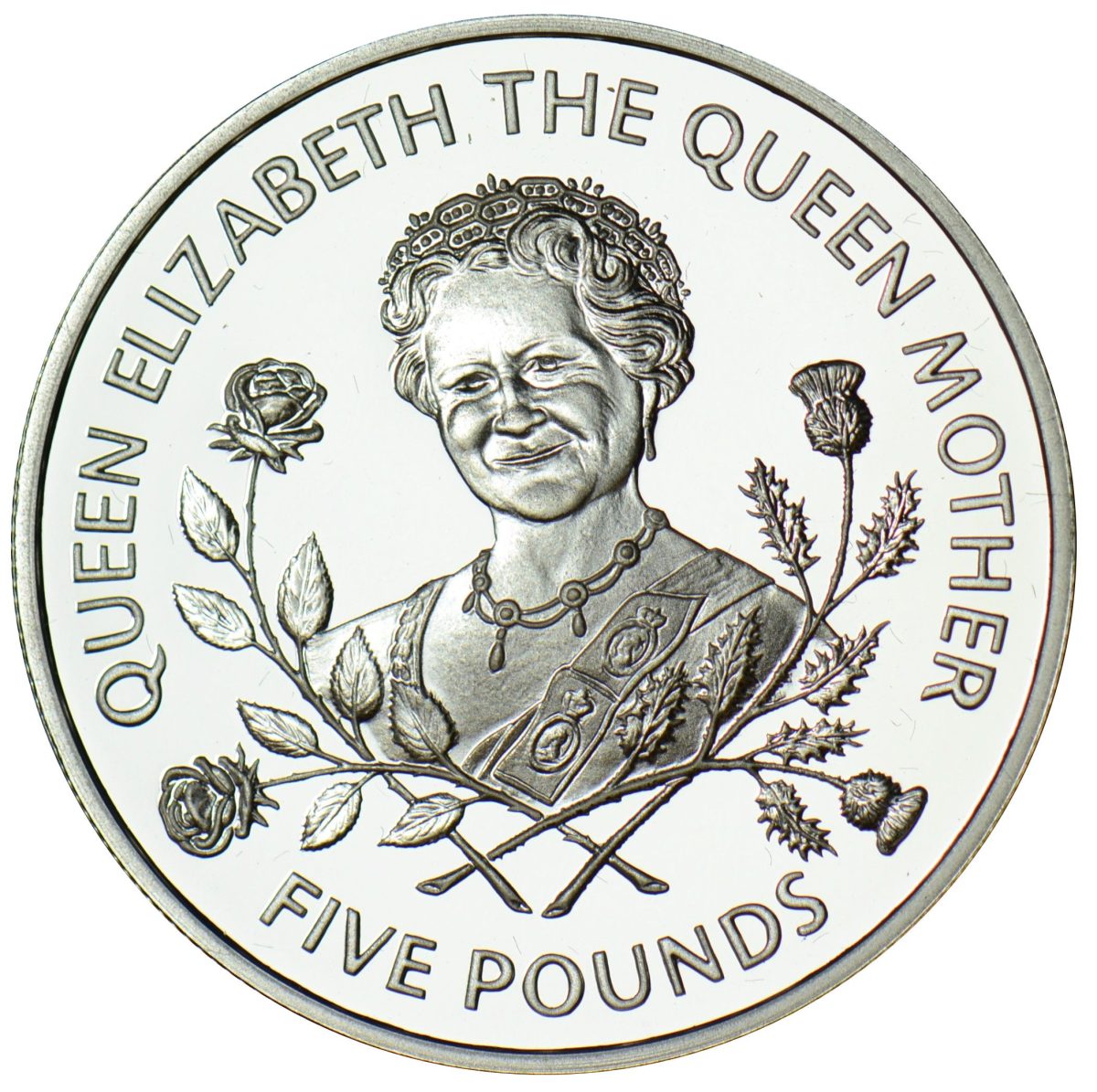 Guernsey 5 Pounds - Elizabeth II Queen Mother - Silver