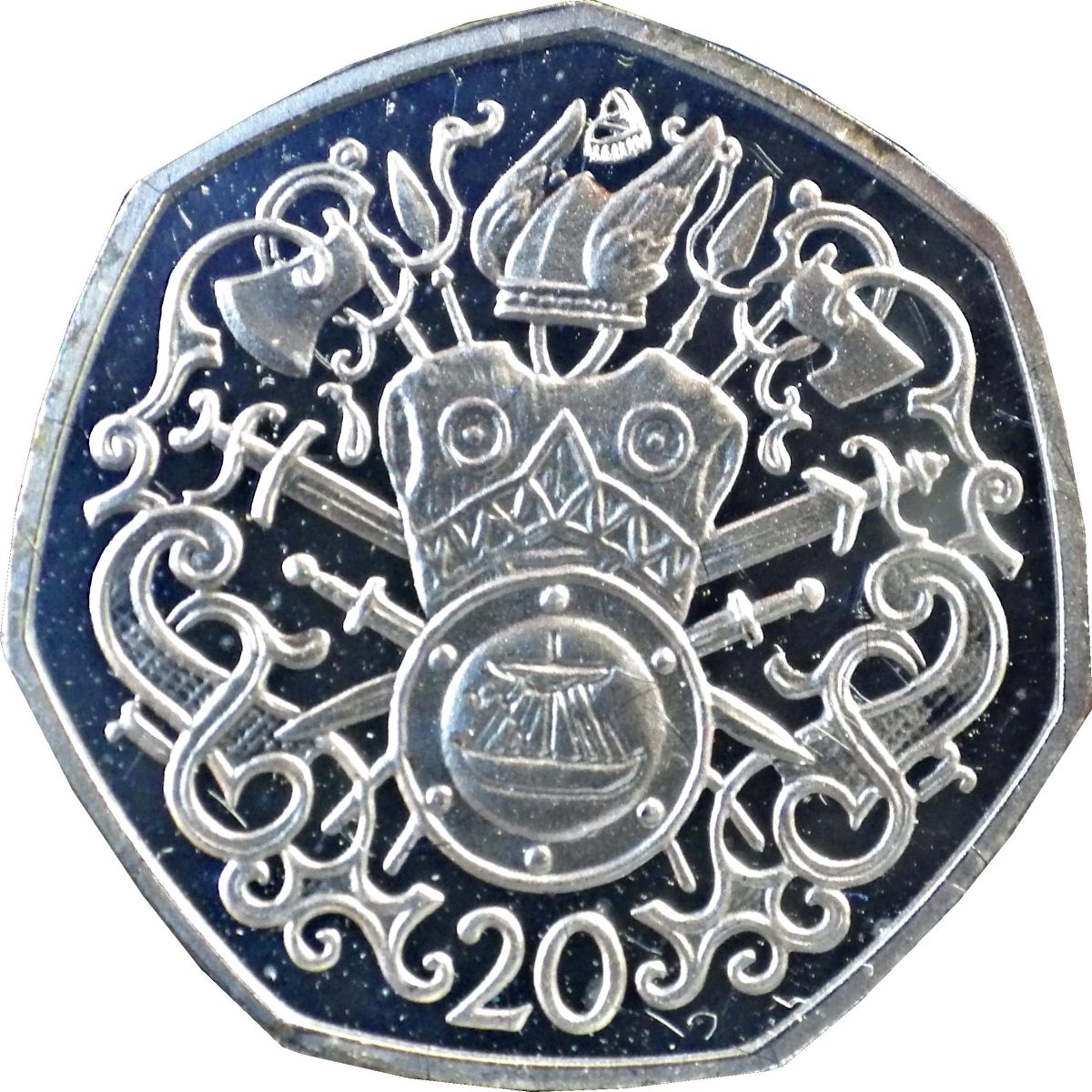 Isle of Man 20 Pence - Elizabeth II Viking Arms and Armour; Silver