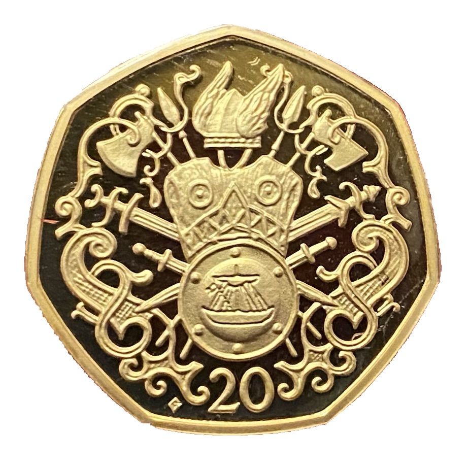Isle of Man 20 Pence - Elizabeth II Viking Arms and Armour; Gold