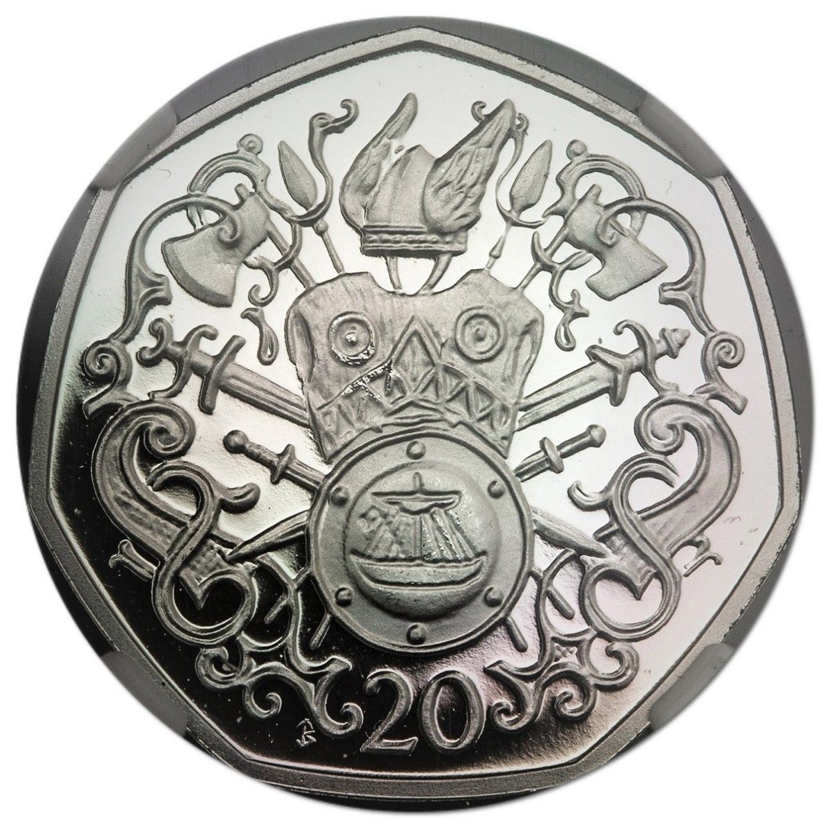 Isle of Man 20 Pence - Elizabeth II Viking Arms and Armour; Platinum