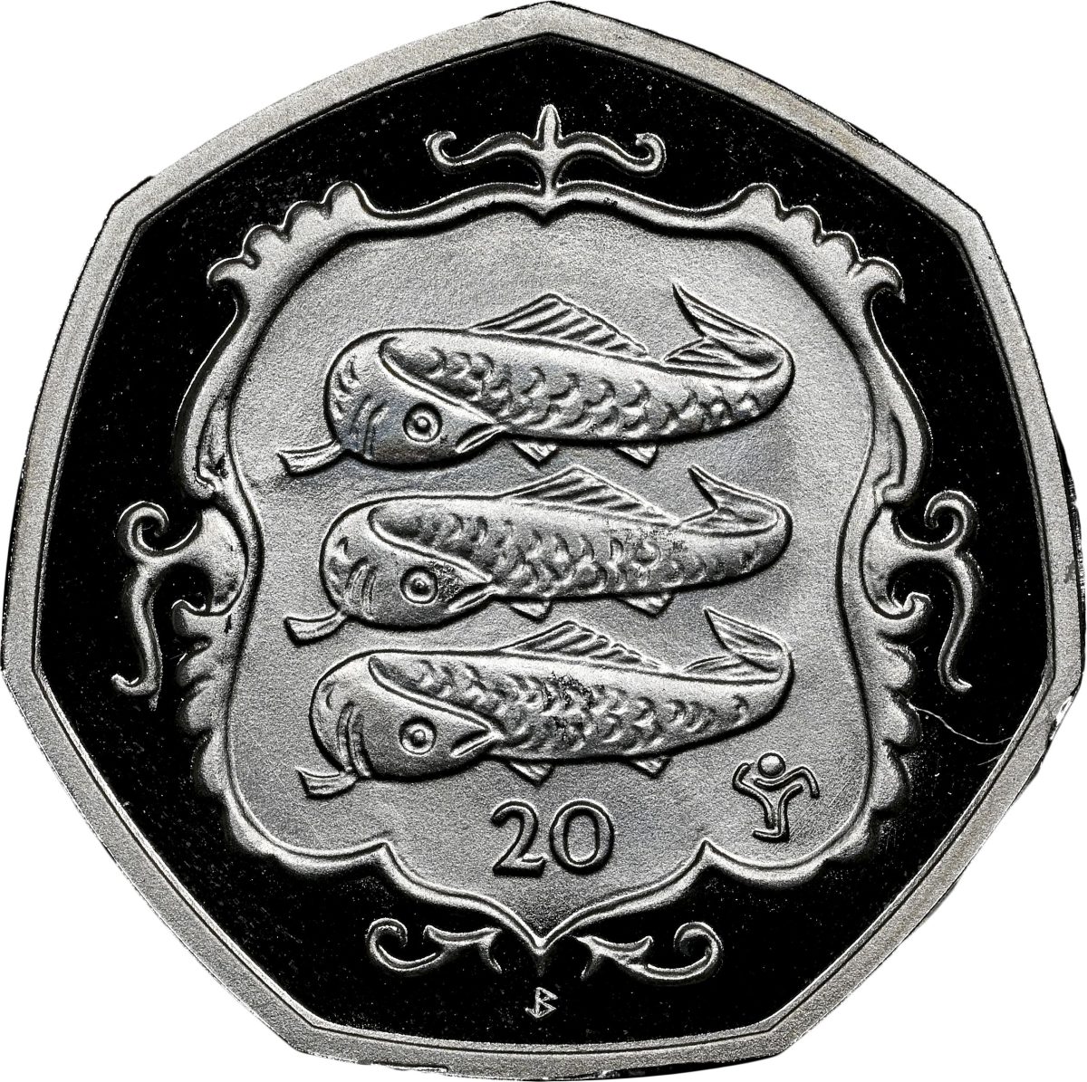 Isle of Man 20 Pence - Elizabeth II Atlantic herring; Platinum Proof reverse