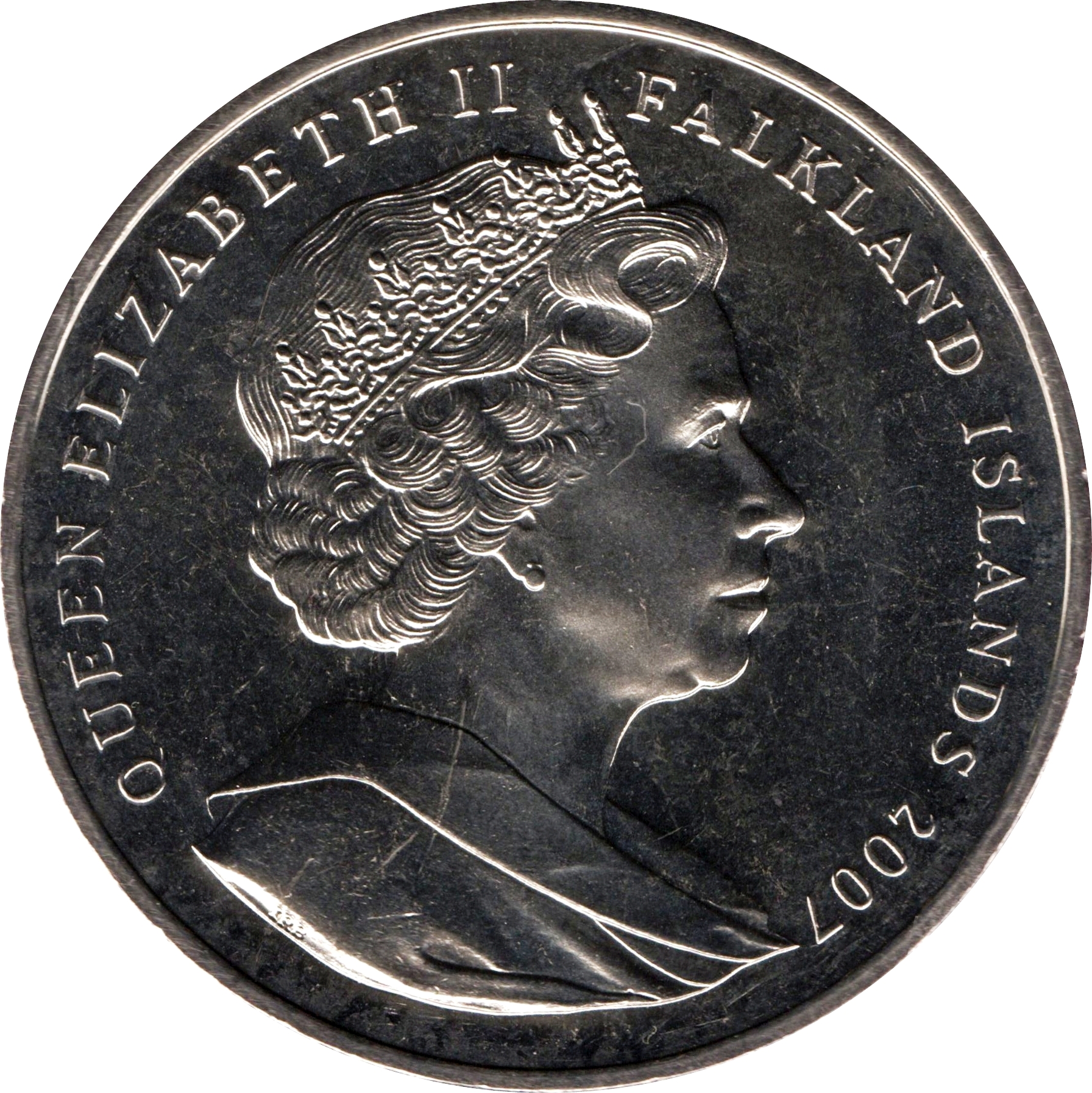 Falkland Islands 1 Crown - Elizabeth II Britannia in front of map obverse