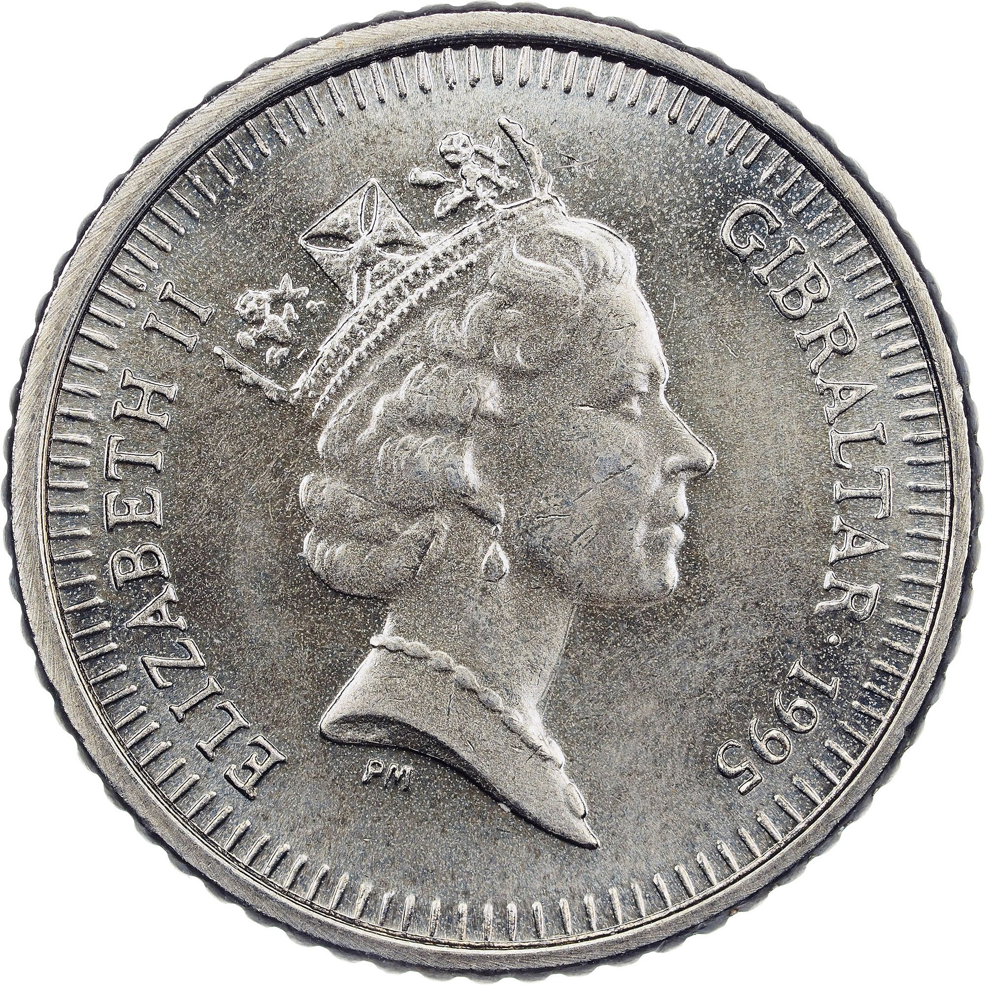 Gibraltar 5 Pence - Elizabeth II Barbary Macaque; small type obverse
