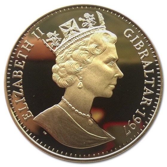 Gibraltar 1 Crown - Elizabeth II - Golden Wedding. Queen with Charles, Anne and monkey obverse