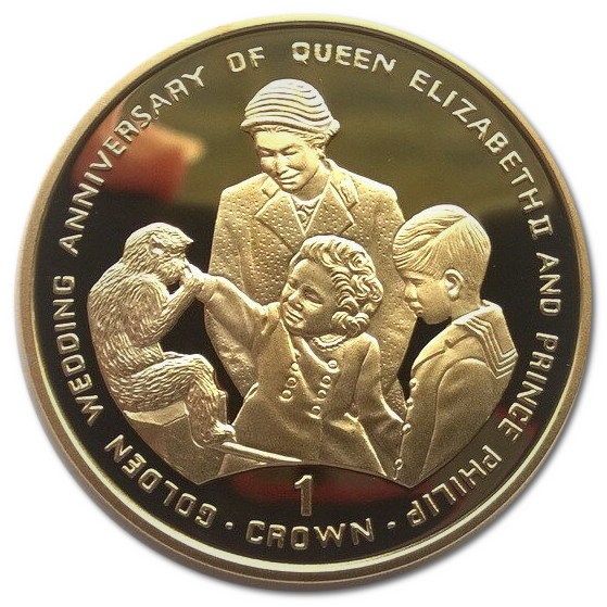 Gibraltar 1 Crown - Elizabeth II - Golden Wedding. Queen with Charles, Anne and monkey