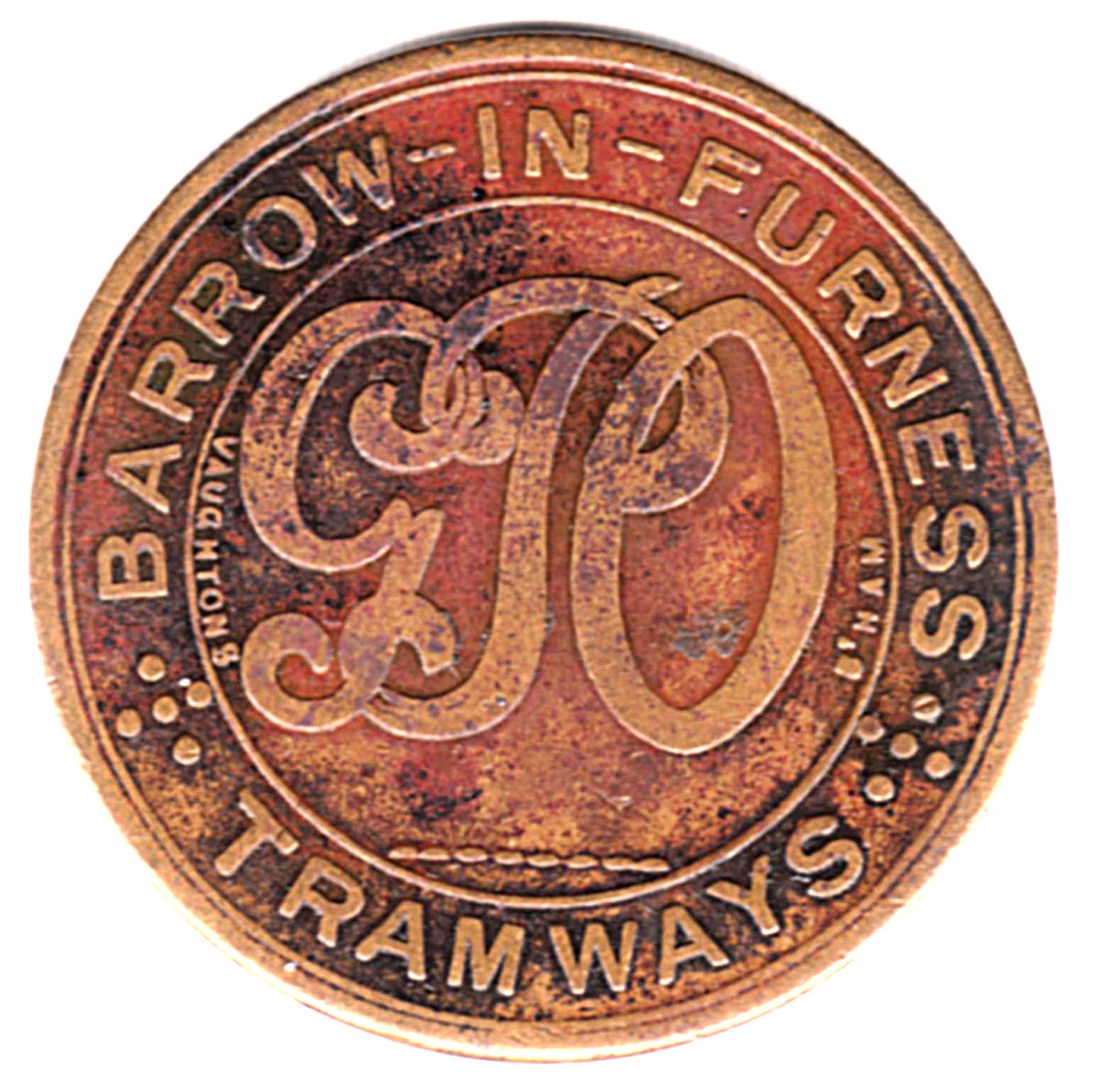 1 Penny - GPO Tramways Token Barrow-in-Furness; Vaughtons B'ham obverse