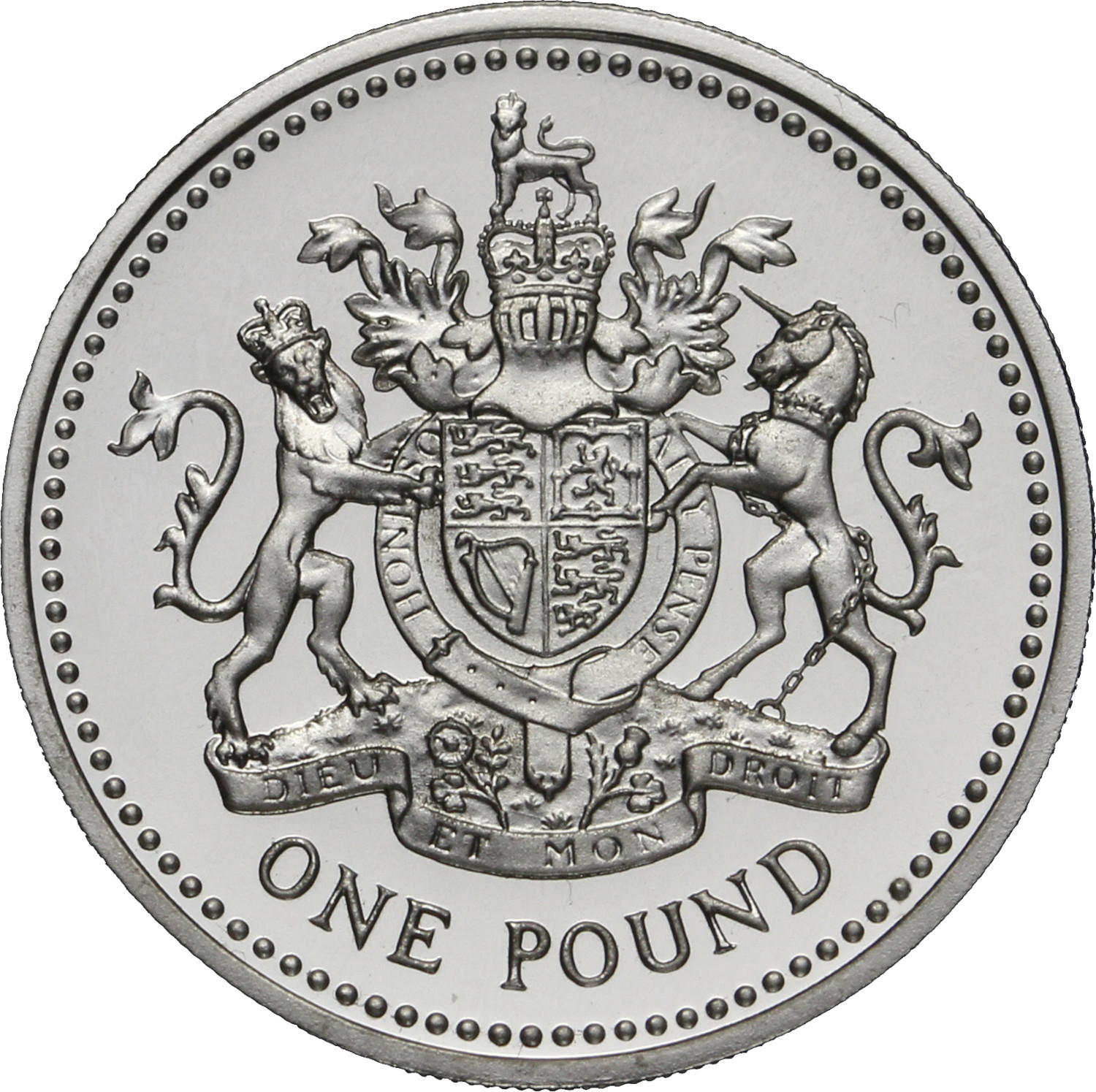 1 Pound - Elizabeth II Royal Arms; Silver Piedfort reverse