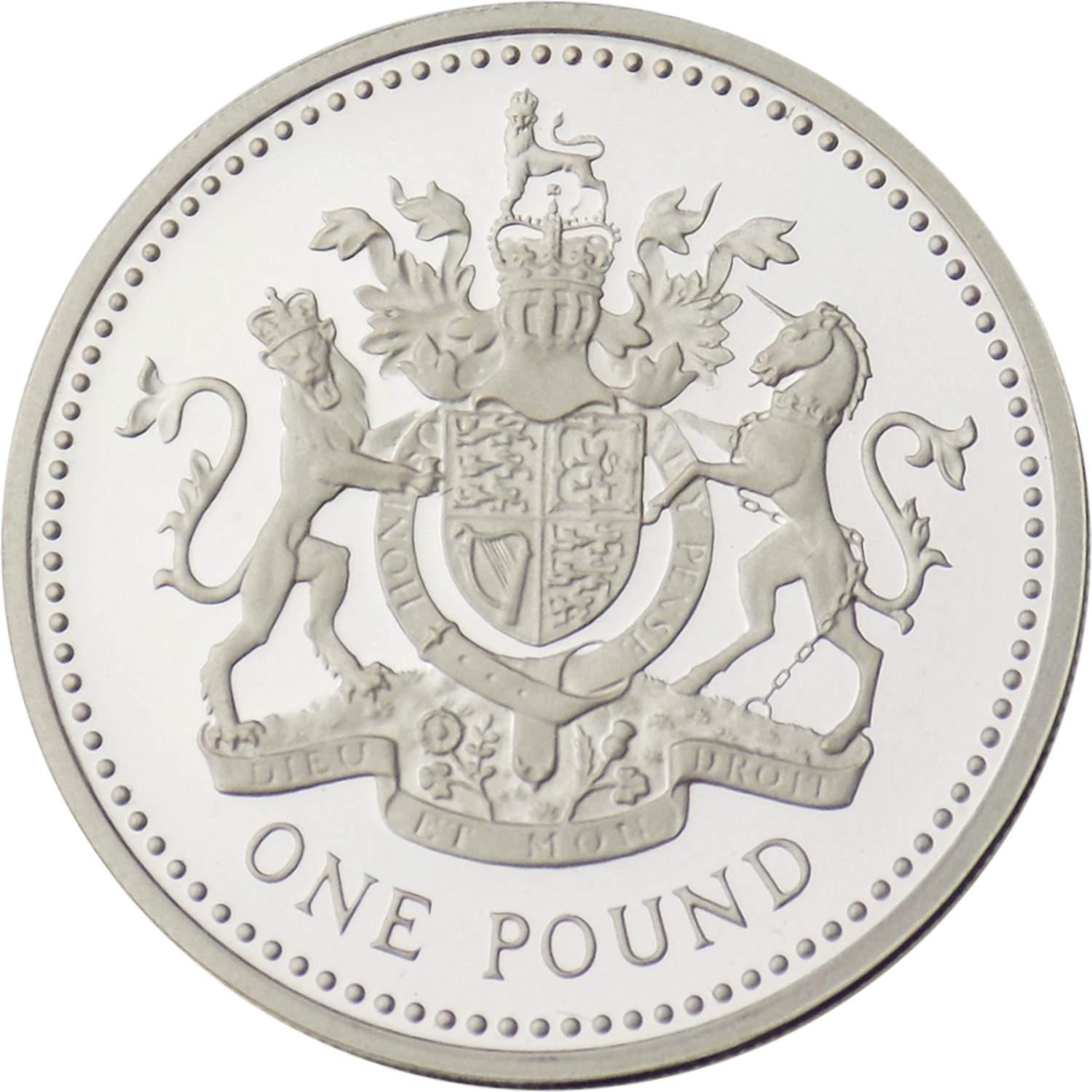 1 Pound - Elizabeth II Royal Arms; Silver Piedfort reverse