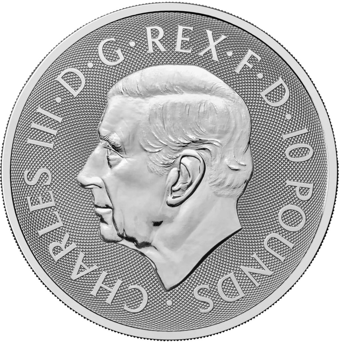 10 Pounds - Charles III Merlin; 10 oz Fine Silver obverse