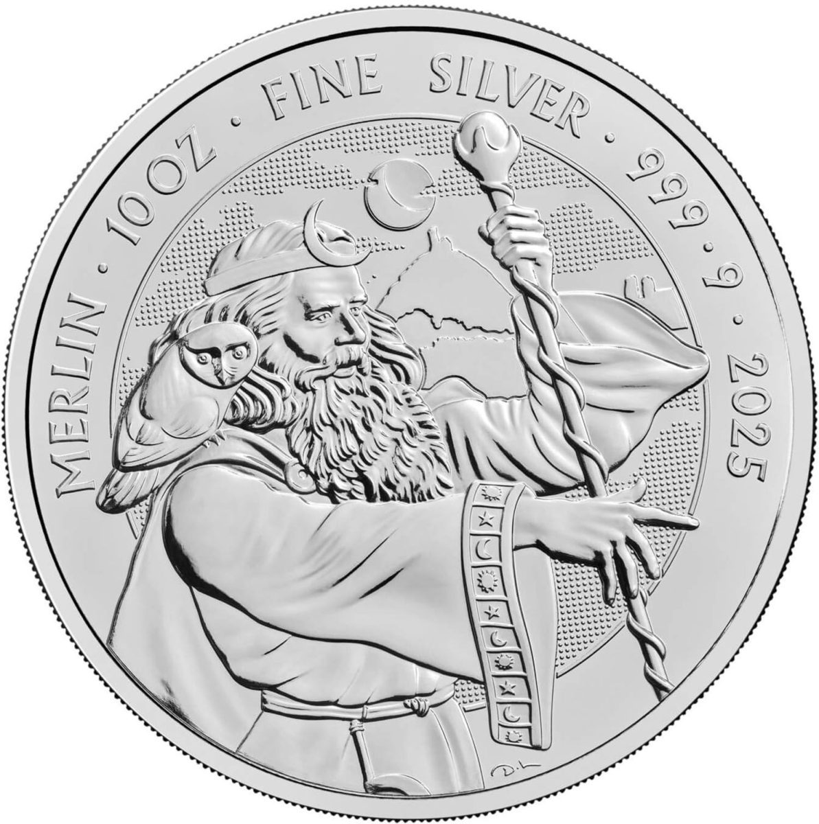 10 Pounds - Charles III Merlin; 10 oz Fine Silver reverse