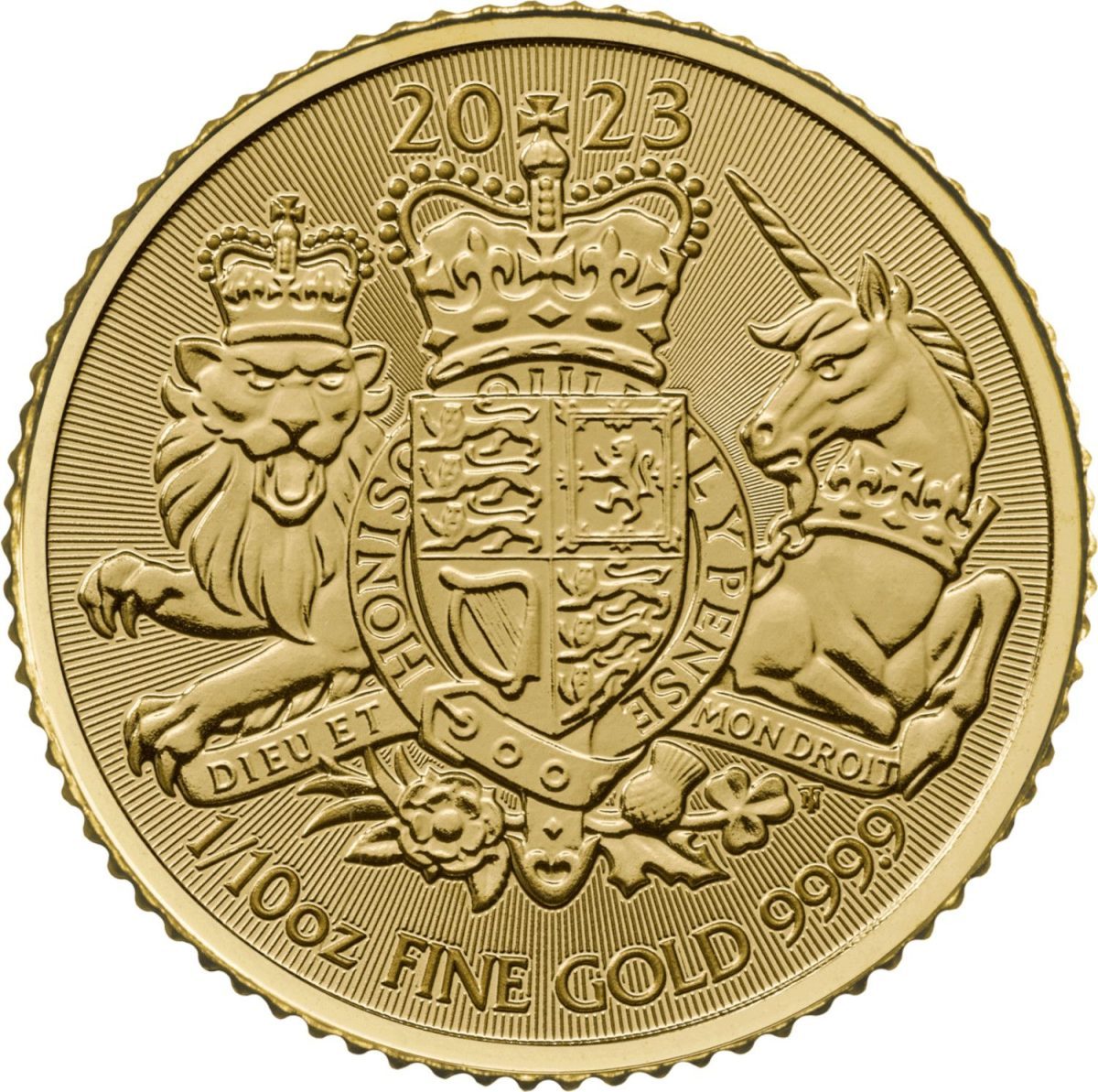 10 Pounds - Charles III Royal Arms; 1/10 oz Fine Gold reverse