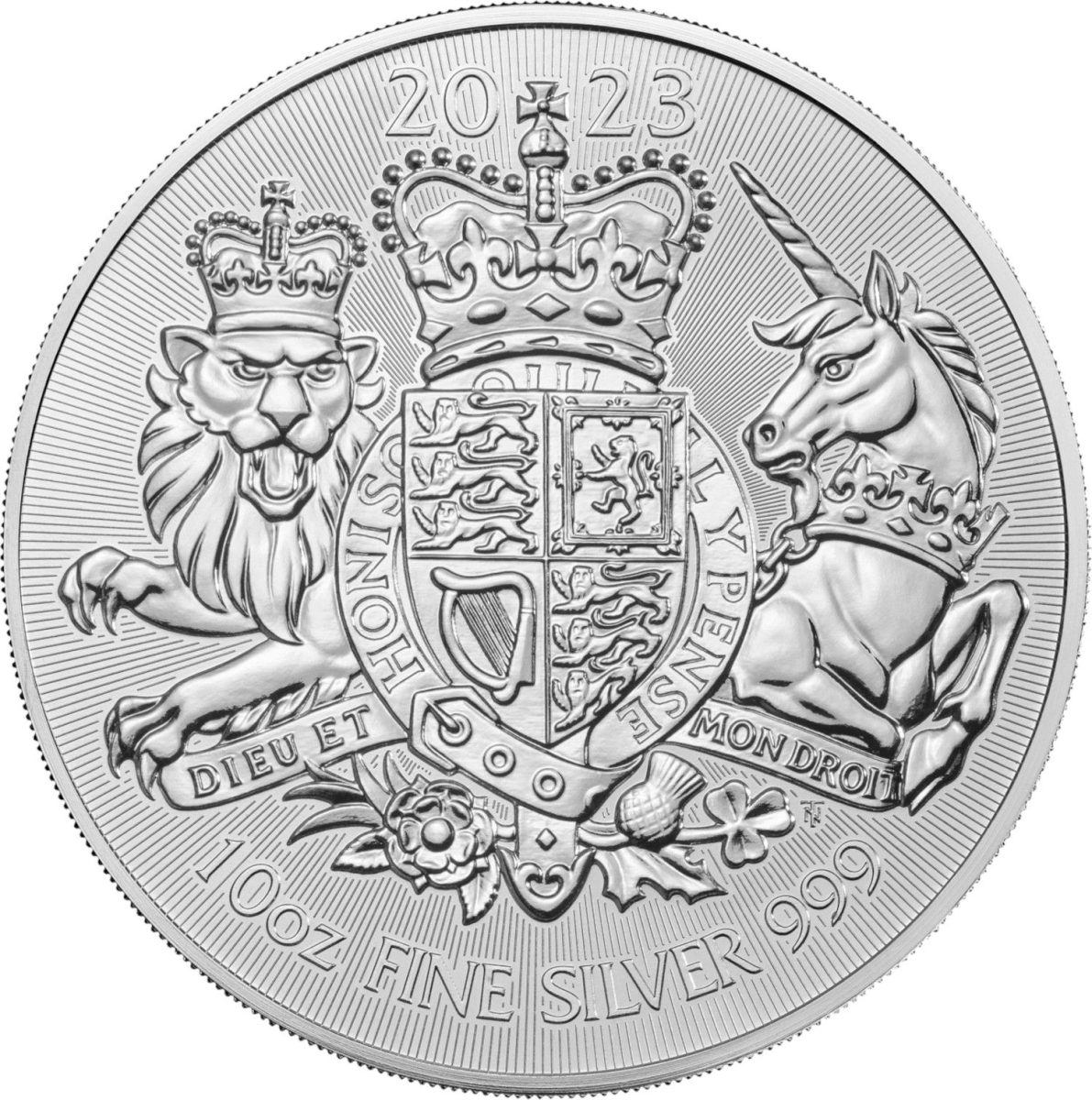 10 Pounds - Charles III Royal Arms; 10 oz Fine Silver reverse