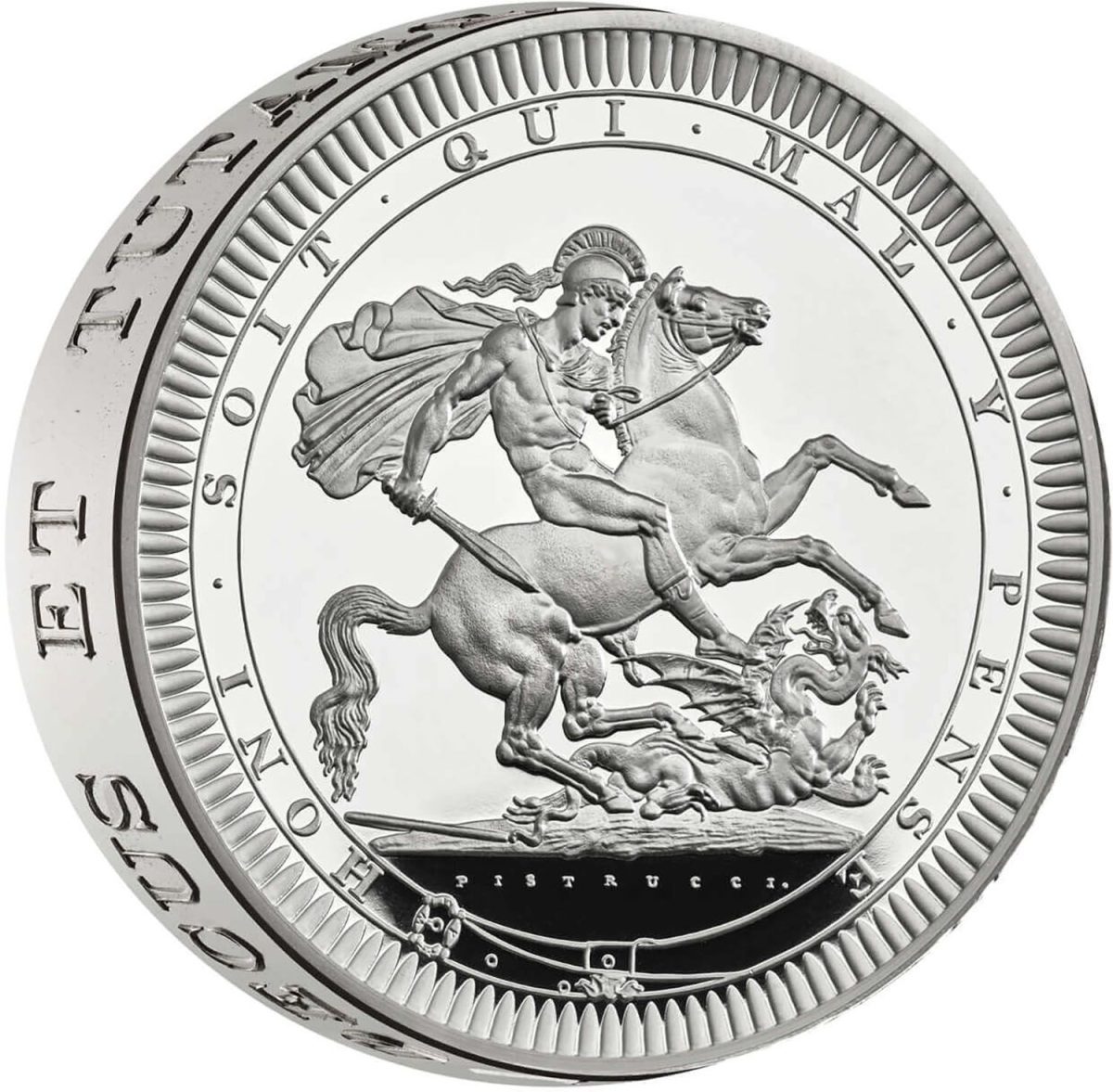 10 Pounds - Charles III St George & The Dragon; Silver Piedfort reverse