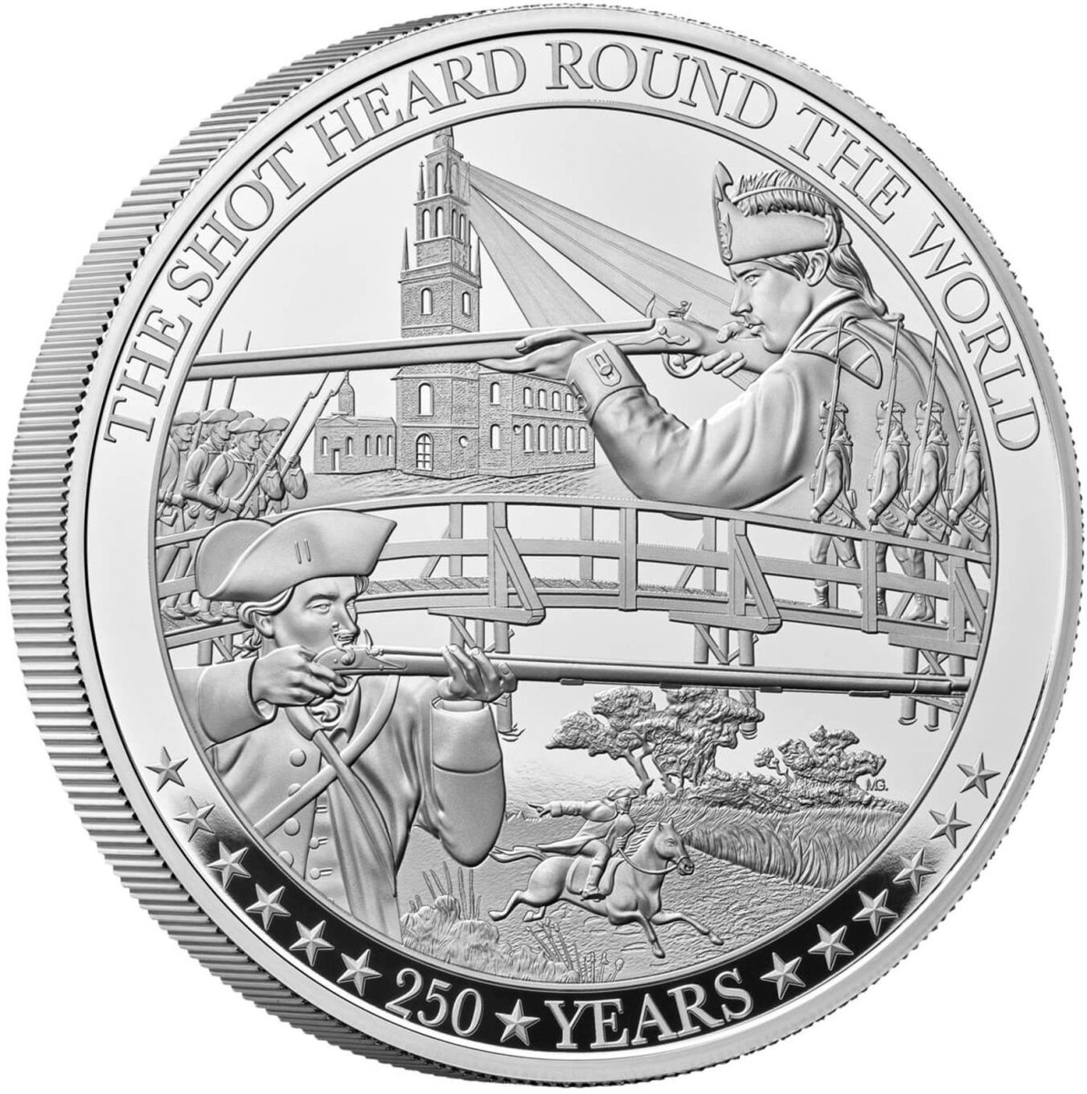 10 Pounds - Charles III The Battles of Lexington & Concord; Silver Piedfort reverse