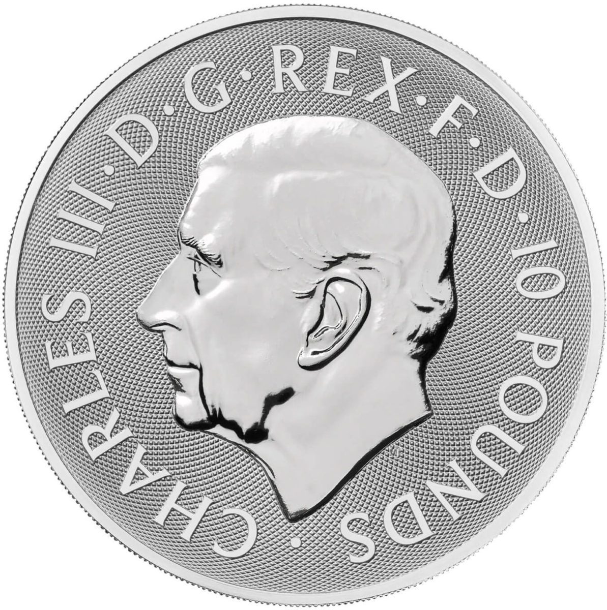 10 Pounds - Charles III The Greyhound of Richmond; 10 oz Fine Silver obverse