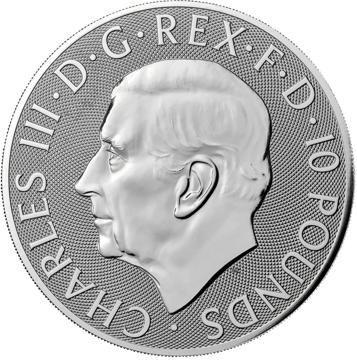 10 Pounds - Charles III The Lion and The Eagle; 5oz Fine Silver obverse