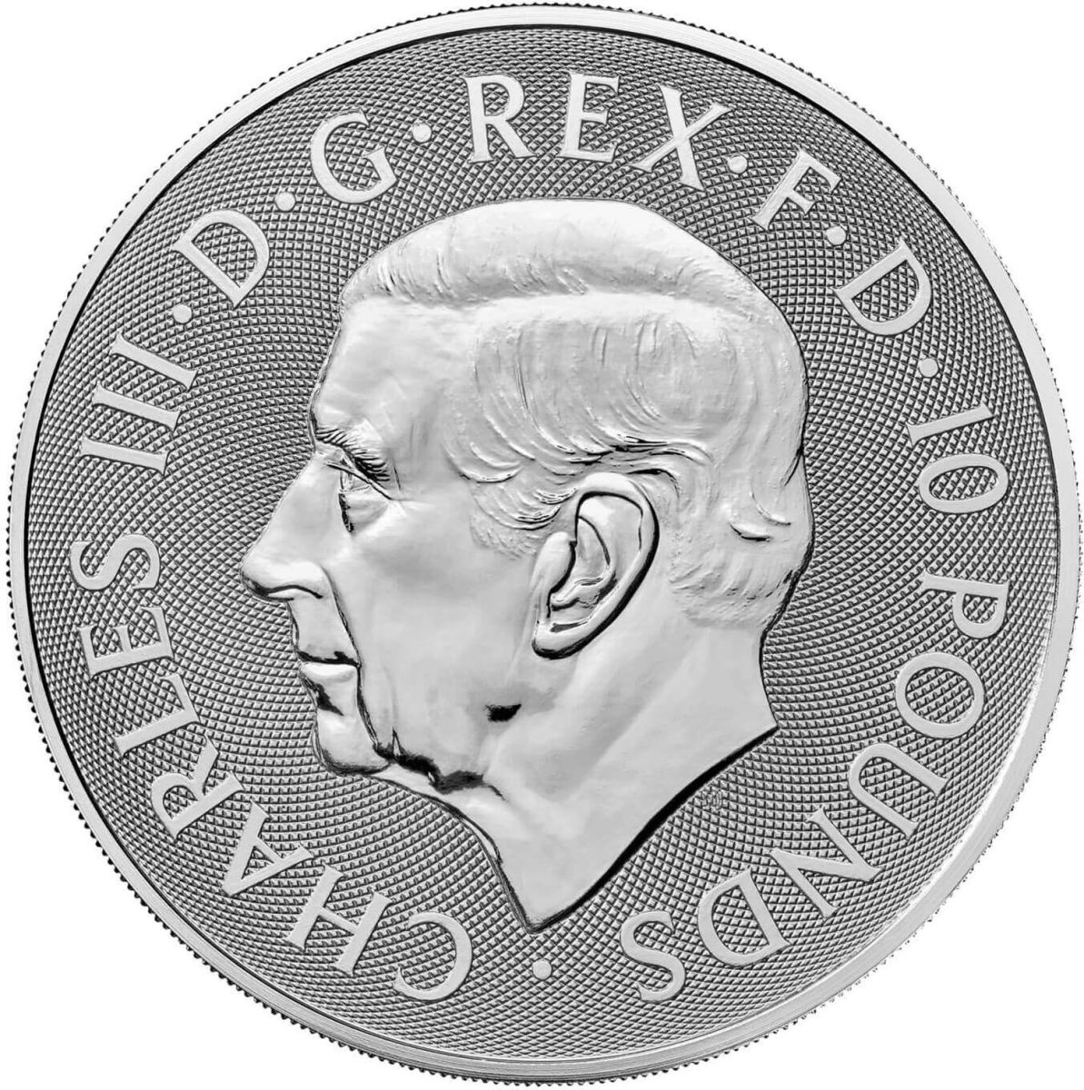 10 Pounds - Charles III Tudor Dragon; 10 oz Fine Silver obverse