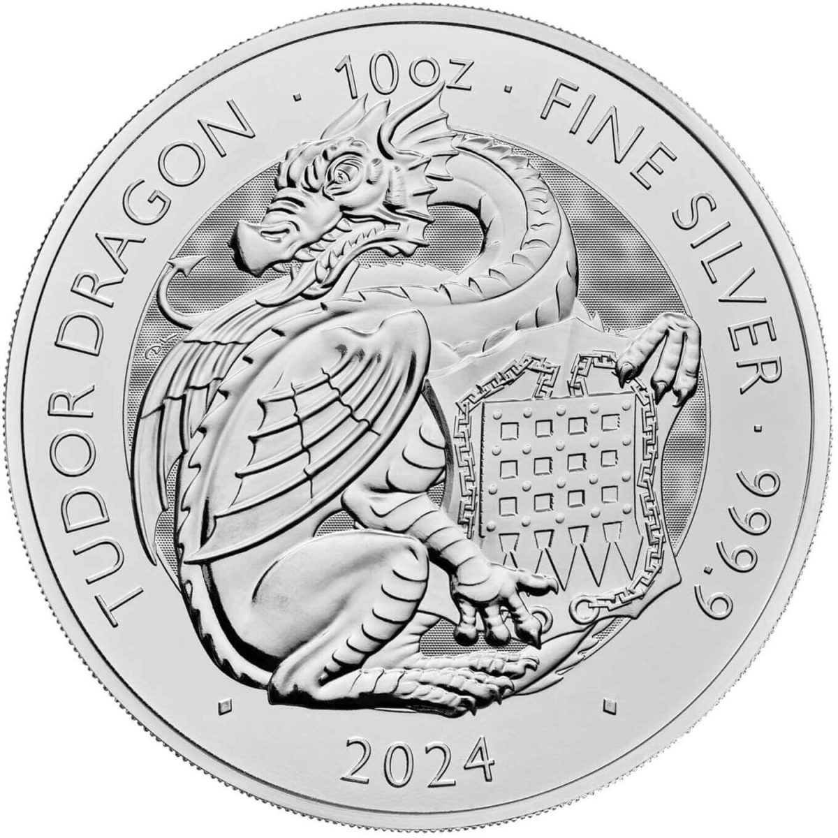 10 Pounds - Charles III Tudor Dragon; 10 oz Fine Silver reverse