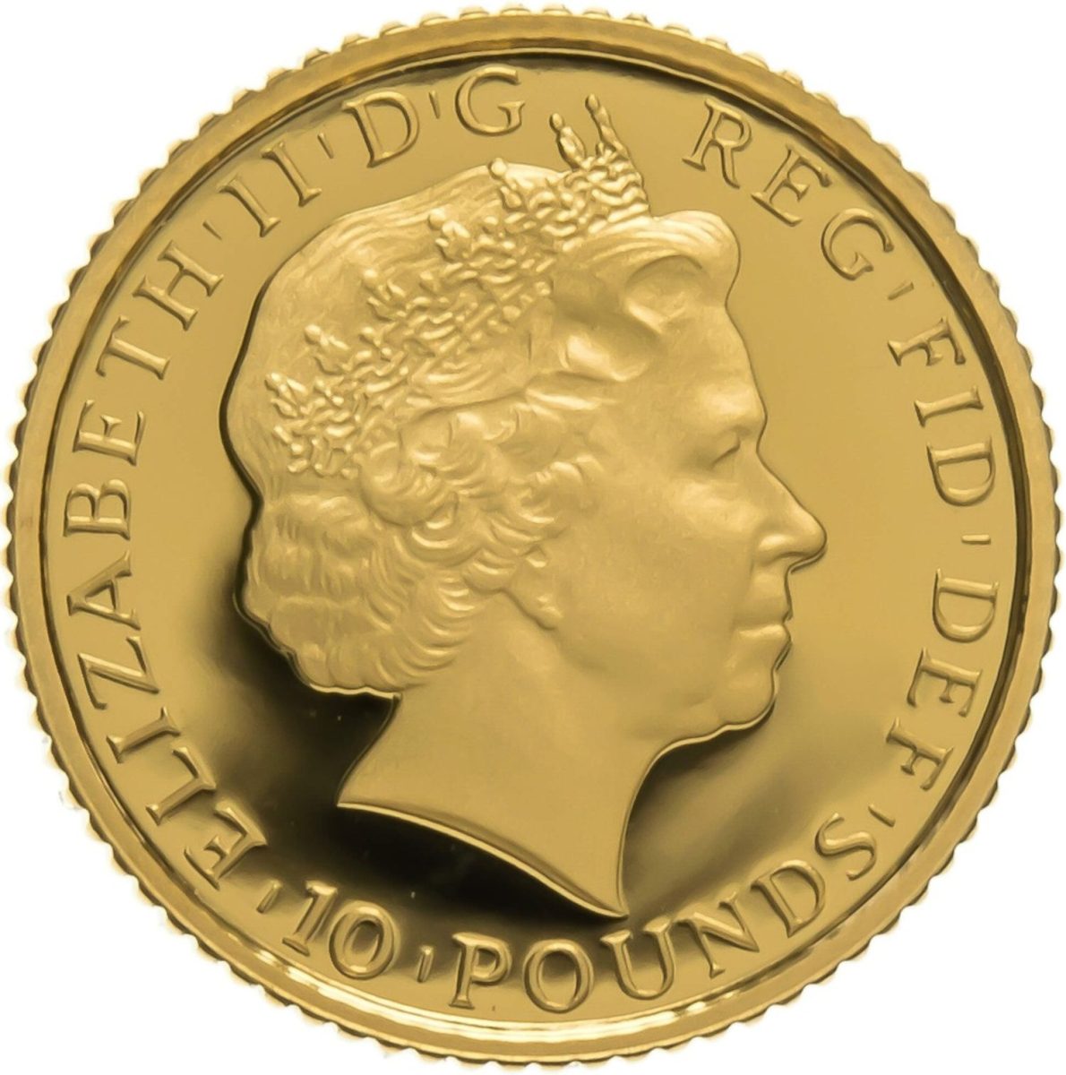 10 Pounds - Elizabeth II 4th portrait; 1/10 oz Fine Gold obverse