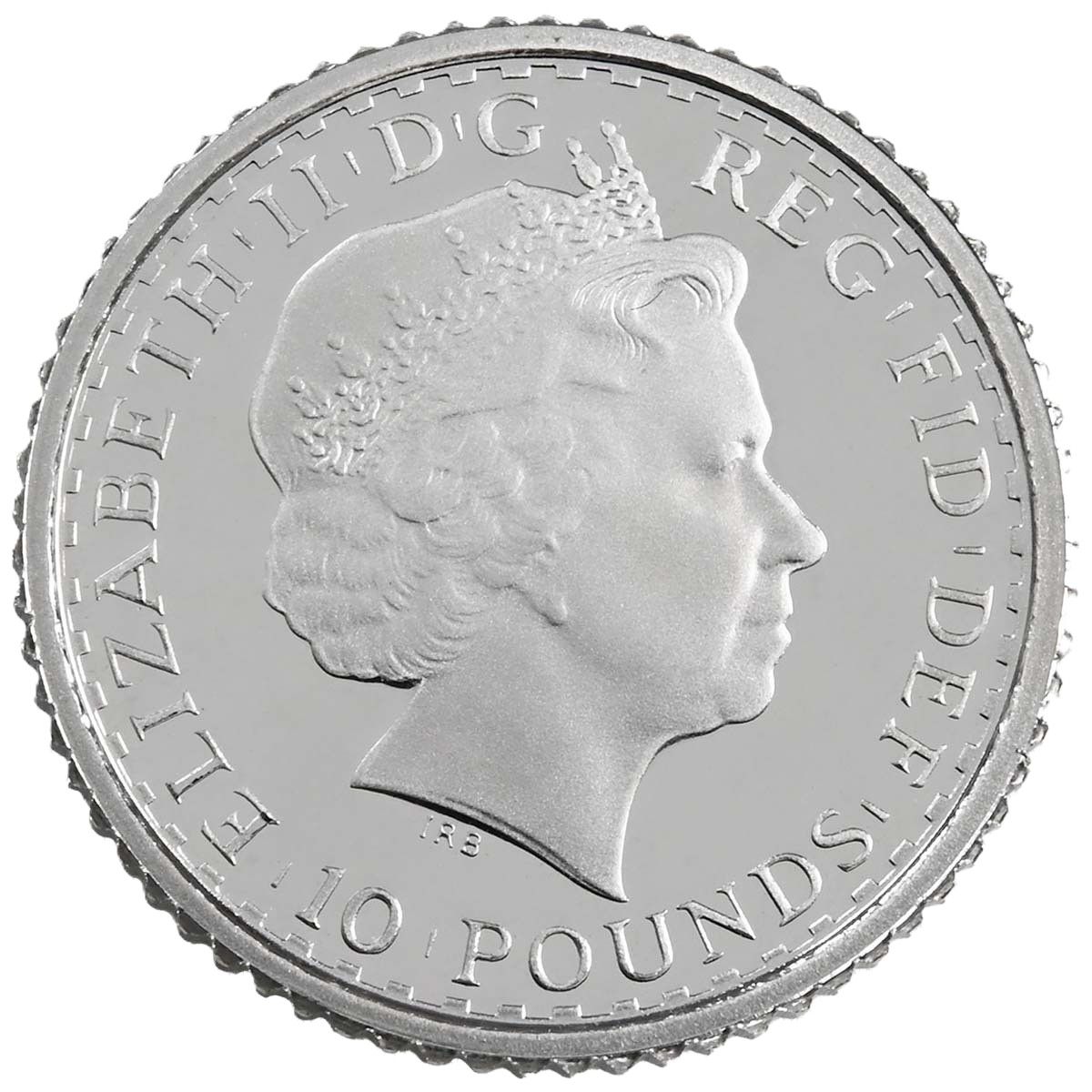 10 Pounds - Elizabeth II 4th portrait; 1/10 oz Fine Platinum obverse
