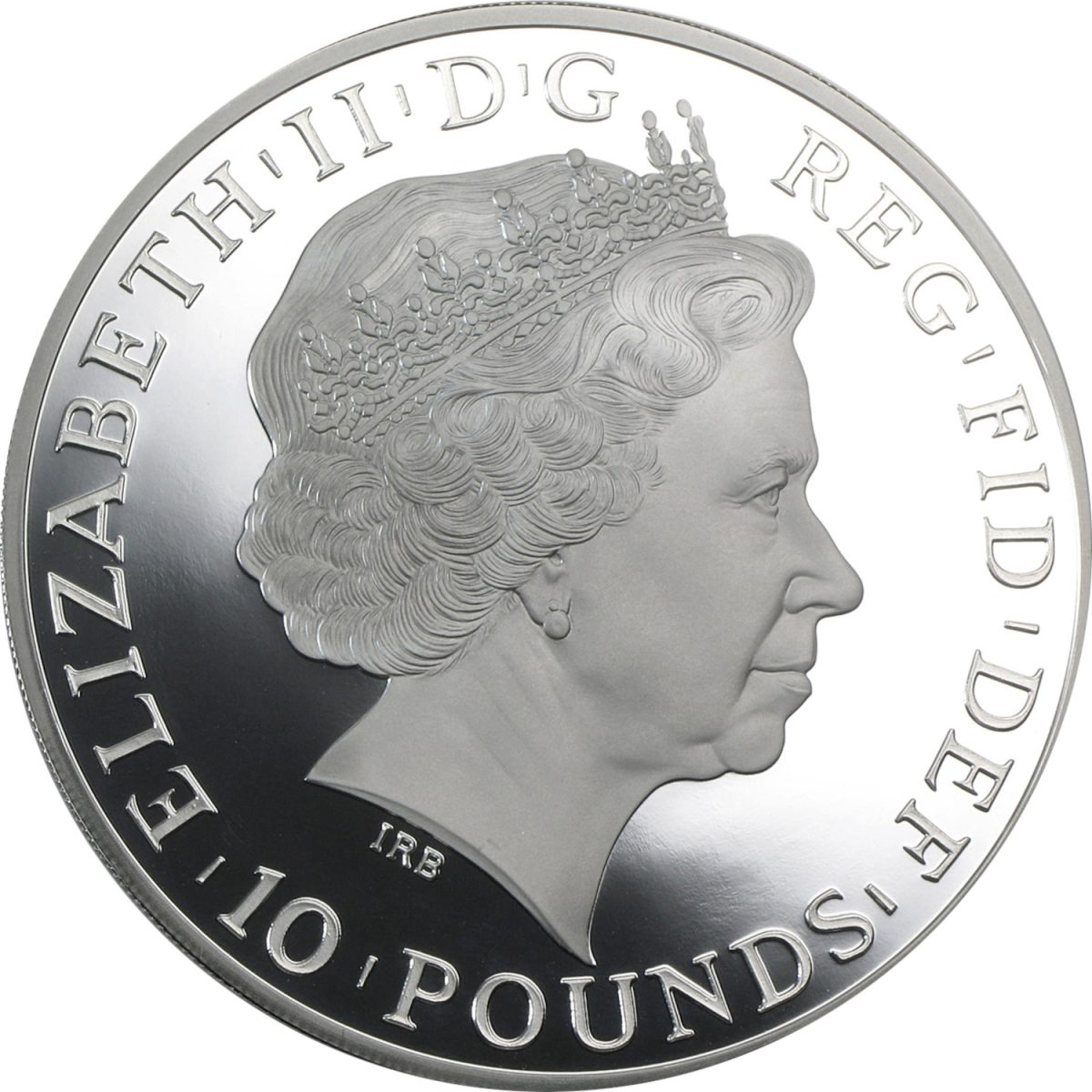 10 Pounds - Elizabeth II 4th portrait; 5 oz Fine Silver obverse