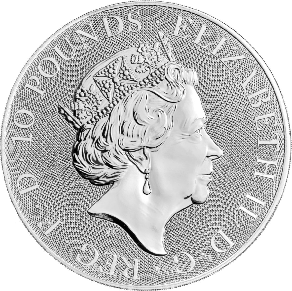 10 Pounds - Elizabeth II 5th portrait; 10 oz Fine Silver obverse