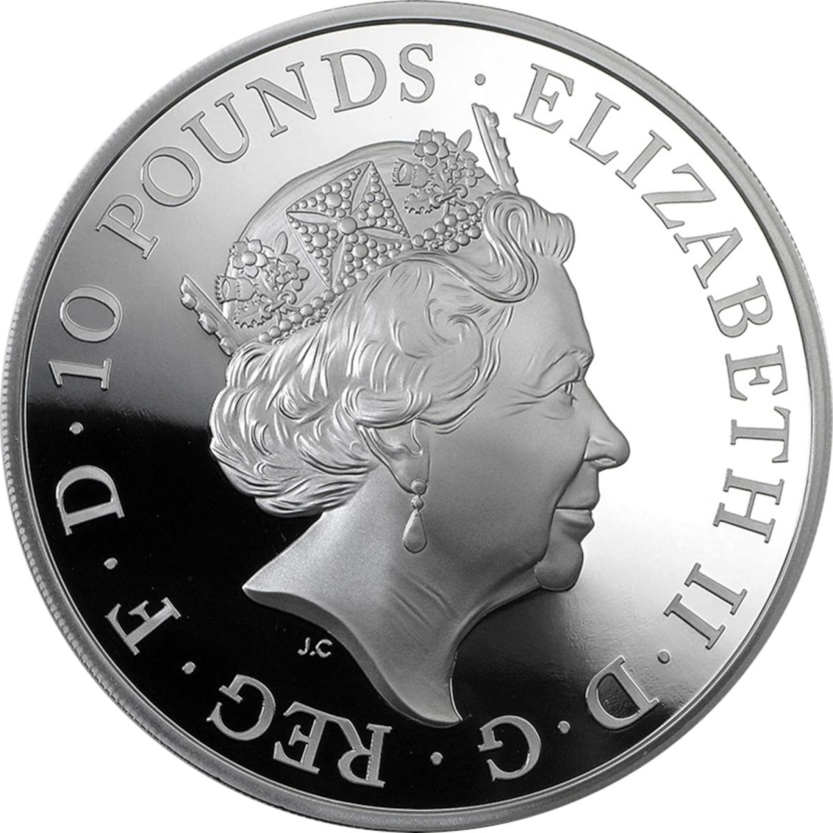 10 Pounds - Elizabeth II 5th portrait; 5 oz Fine Silver obverse
