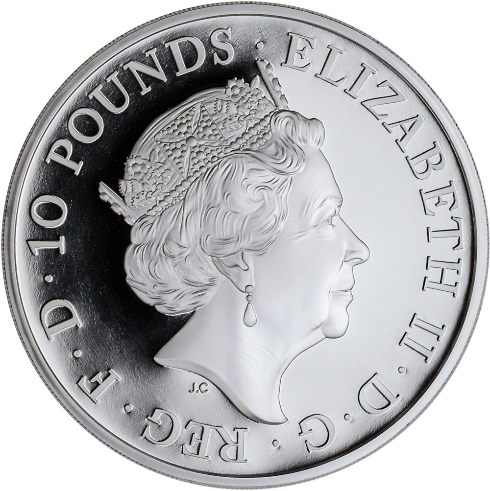 10 Pounds - Elizabeth II 5th portrait; 5 oz Fine Silver obverse