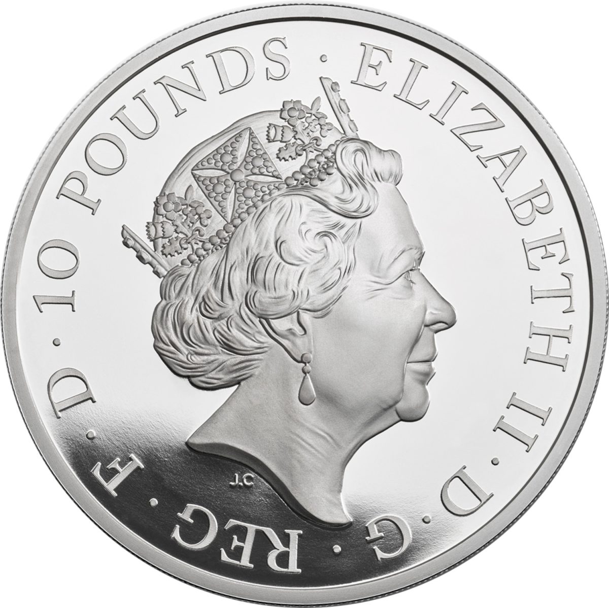 10 Pounds - Elizabeth II 5th portrait; 5 oz Fine Silver obverse