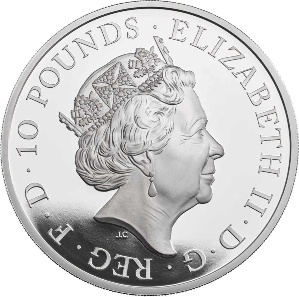 10 Pounds - Elizabeth II 5th portrait; 5 oz Fine Silver obverse