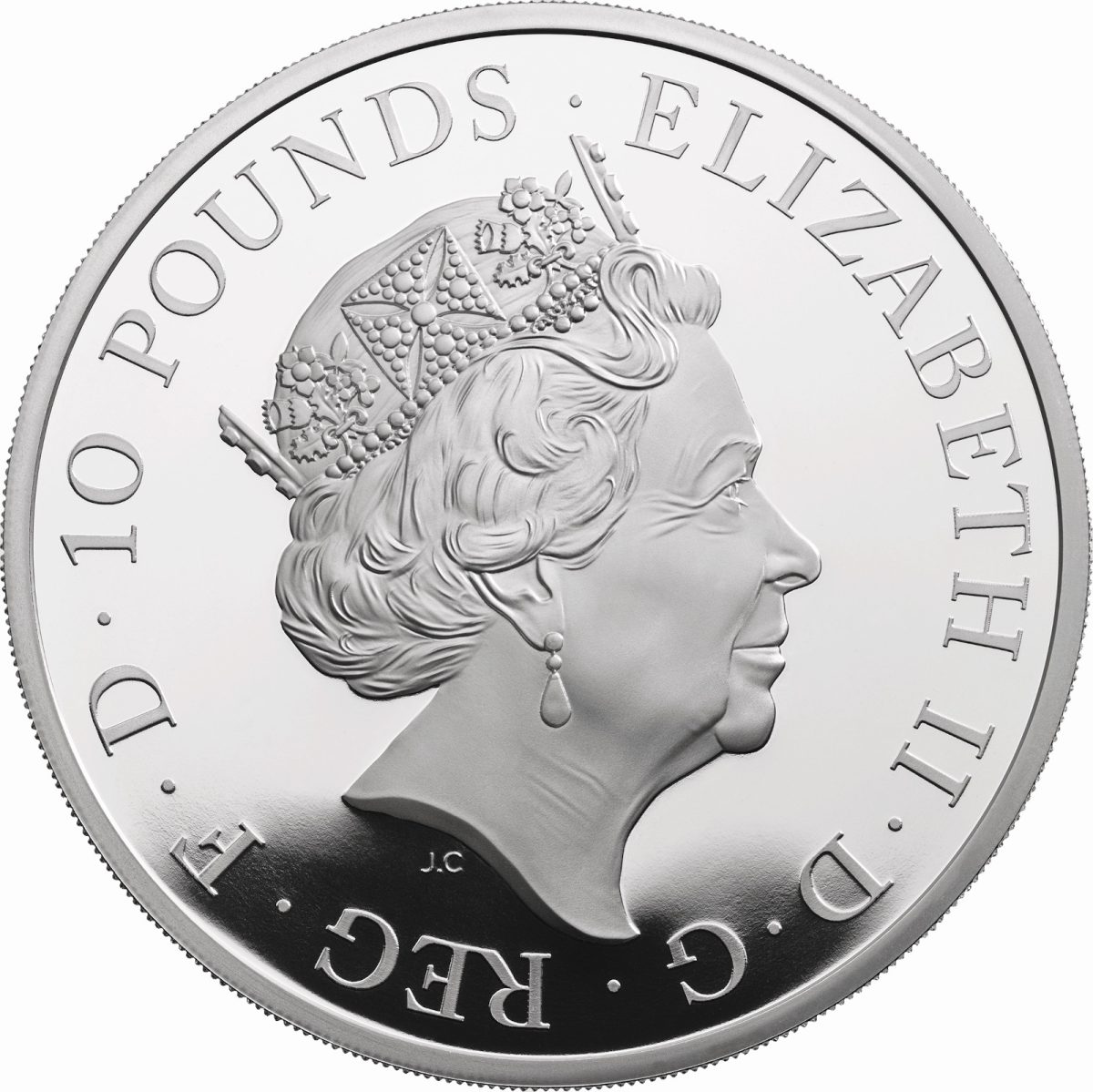 10 Pounds - Elizabeth II 5th portrait; 5 oz Fine Silver obverse