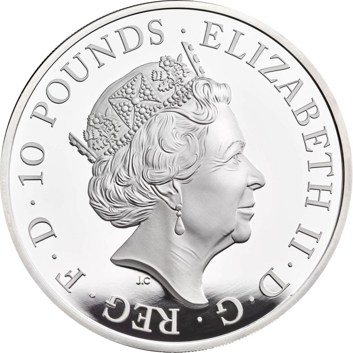 10 Pounds - Elizabeth II 5th portrait; 5 oz Fine Silver obverse